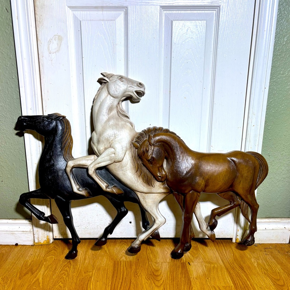 1973 BURWOOD 500. Horse Trio in Black,White,and Brown Large Wall Hanging